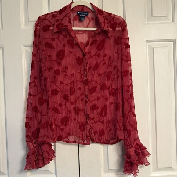 Vtg Forenza Women’s Top Sz 10 Sheer Floral Red Velvet Burnout Bell Sleeve Y2K - Picture 1 of 12